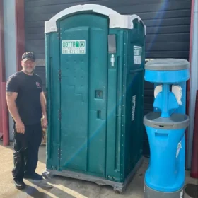 blue and white portable toilet